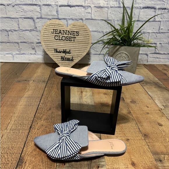 J.Crew Pointed Toe Mixed Stripe Bow Slides Blue White Mules Flats Fabric 7.5 - Picture 12 of 12